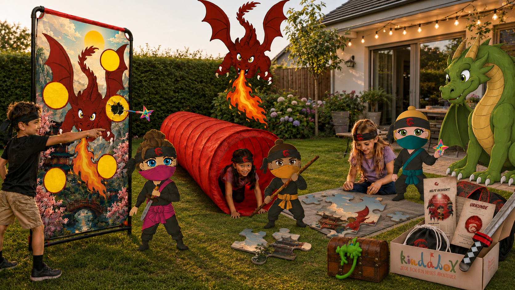 kindabox Abenteuerwelt mit Kindern, Akano, dem Roten Drachen und Abenteuerbox